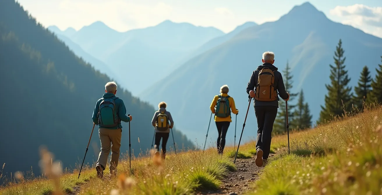 Groupe de seniors pratiquant la marche nordique sur un sentier alpin