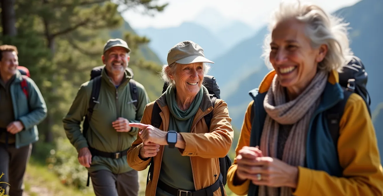 Groupe de randonneurs seniors sur un sentier de montagne suisse ensoleillé