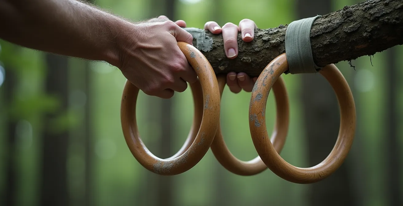 Gros plan sur des mains saisissant des anneaux en bois dans une forêt suisse