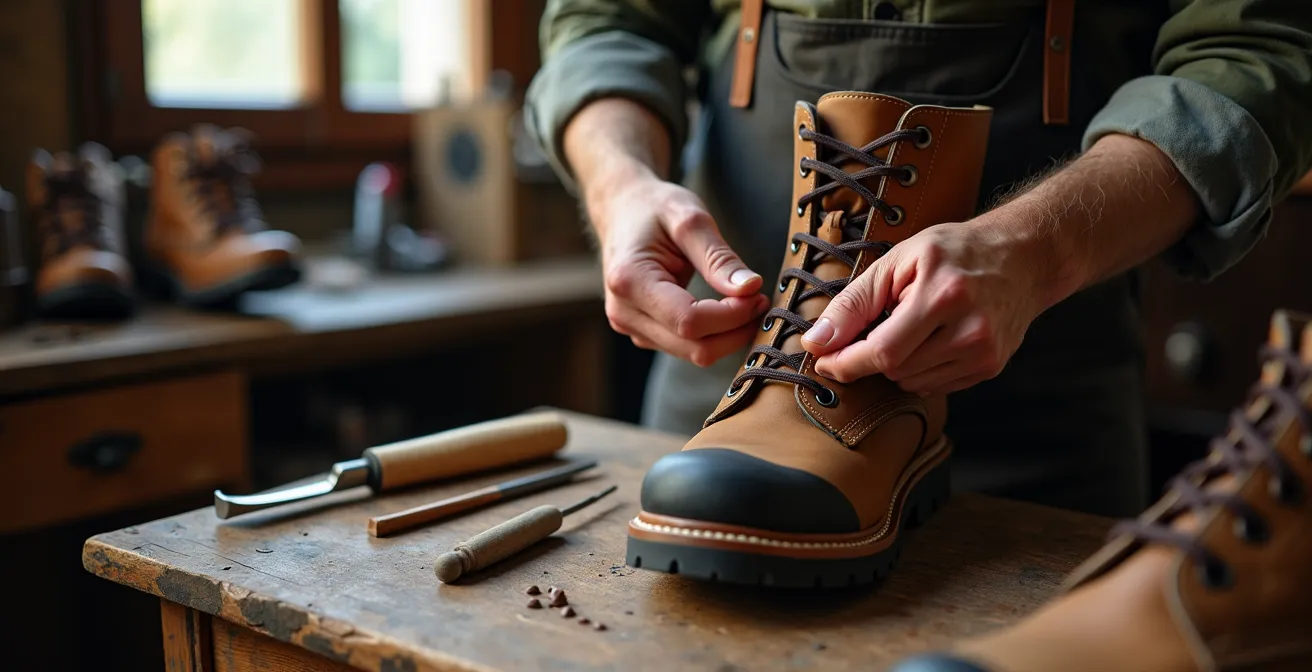Cordonnier suisse travaillant sur le ressemelage d'une chaussure de montagne avec semelle Vibram