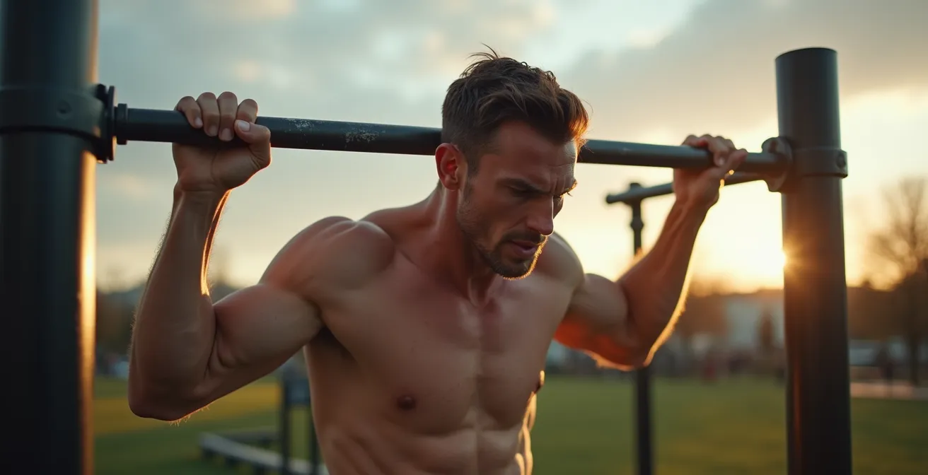 Vue latérale d'un athlète effectuant des tractions prise large sur une barre de parc avec architecture urbaine suisse en arrière-plan