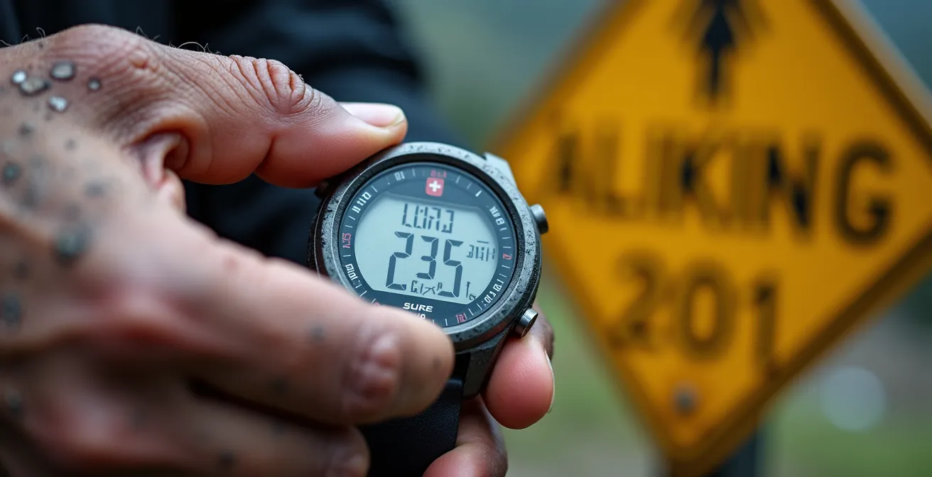 Main ajustant une montre altimètre devant un panneau d'altitude sur un col alpin