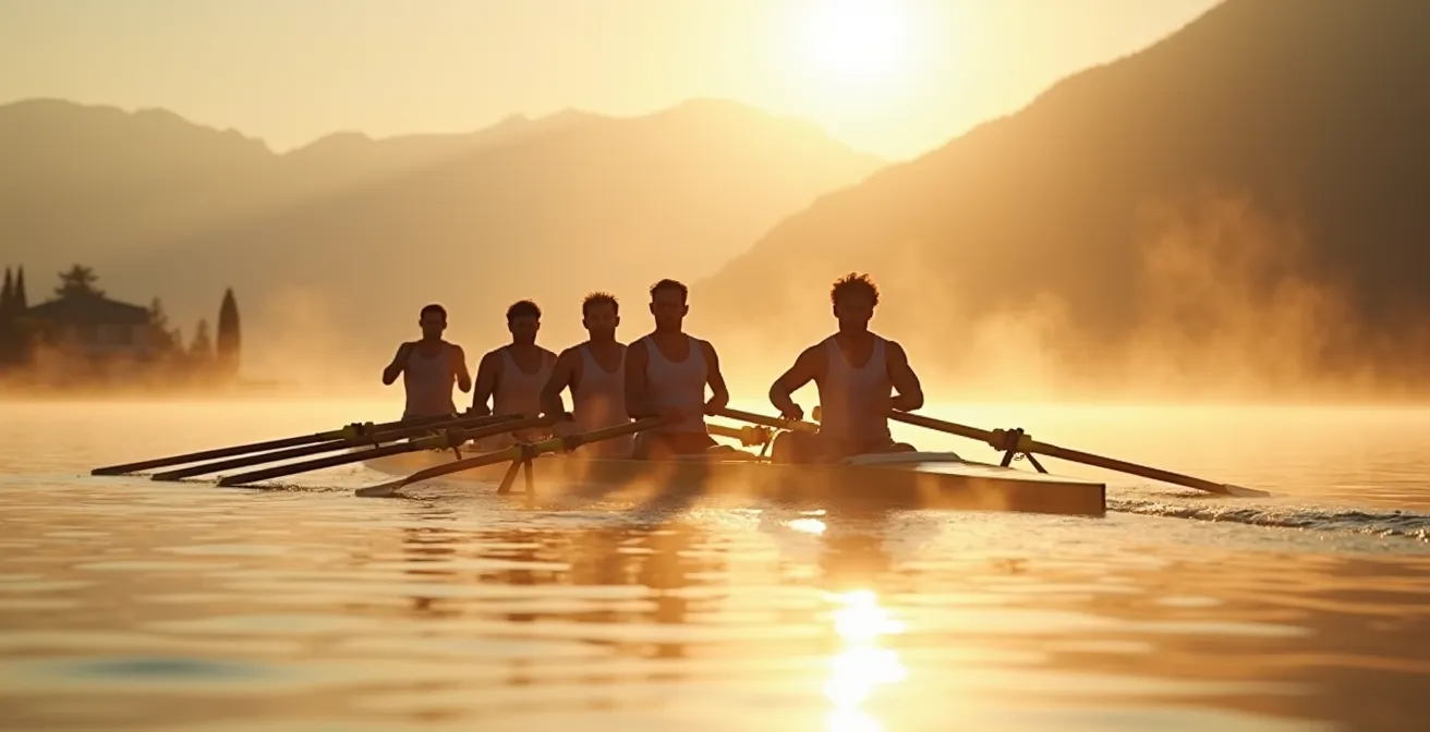 Équipe d'aviron synchronisée sur le lac Léman au lever du soleil