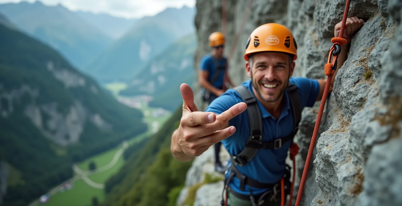 Grimpeurs communiquant au relais d'une falaise alpine avec gestes de sécurité