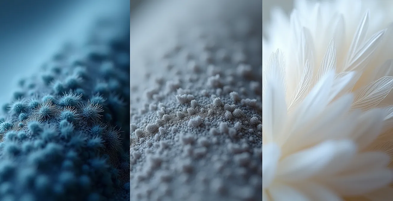 Détail macro des textures de polaire et duvet pour la couche intermédiaire