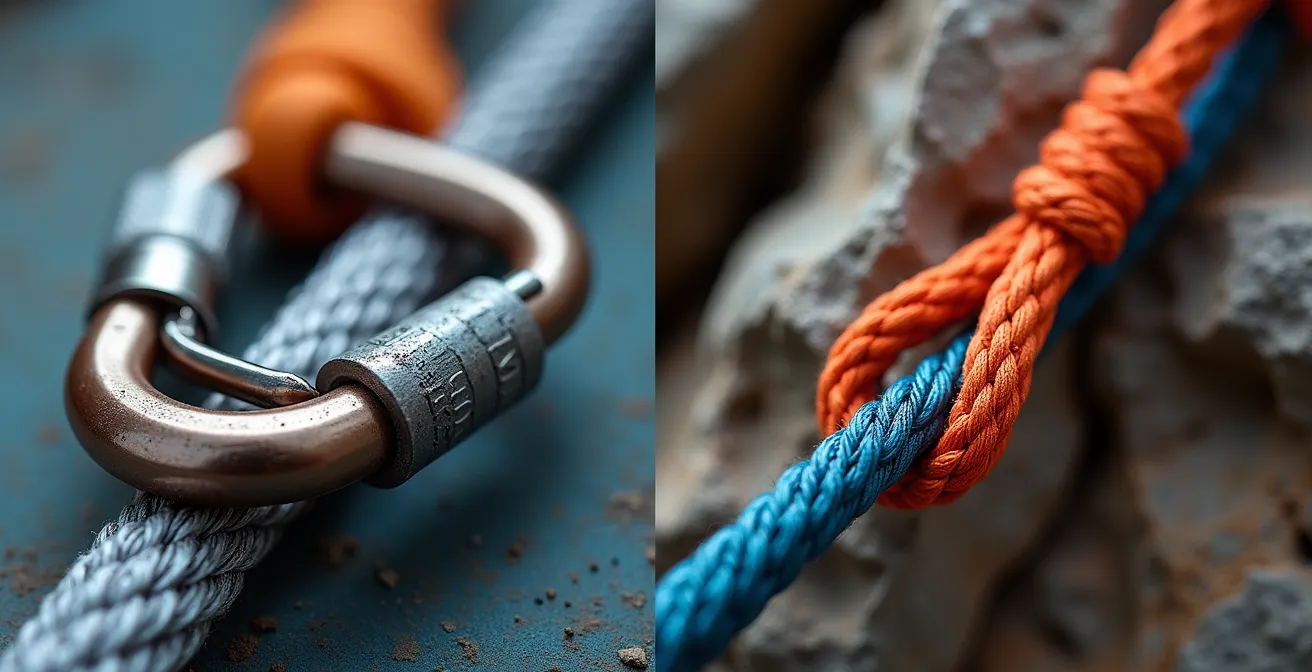 Vue macro sur équipement via ferrata et escalade montrant les différences techniques