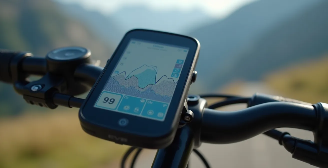 Gros plan sur un compteur GPS de vélo montrant le profil d'altitude d'un col suisse