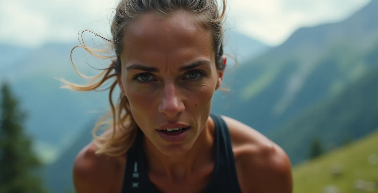 Coureur de trail en montagne pratiquant le dialogue interne positif