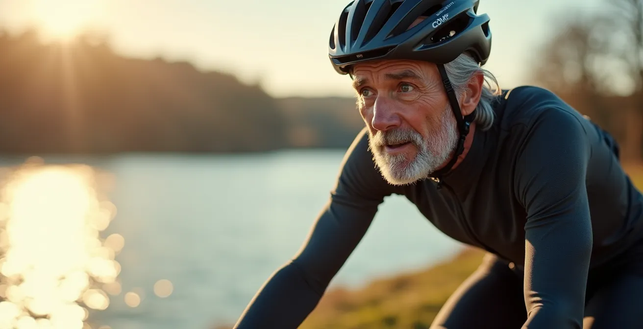 Cycliste vétéran pédalant le long du lac de Neuchâtel, montrant l'adaptation de l'entraînement avec l'âge