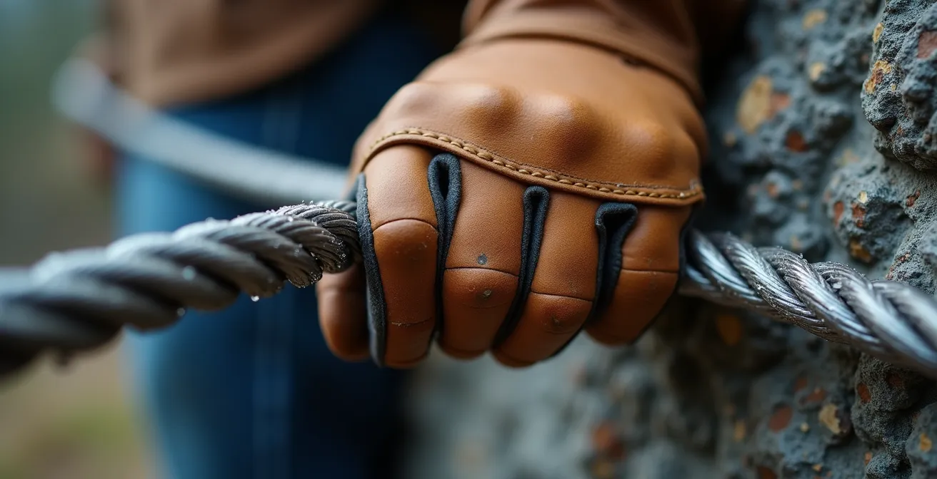 Vue macro d'une main gantée saisissant un câble d'acier sur une via ferrata