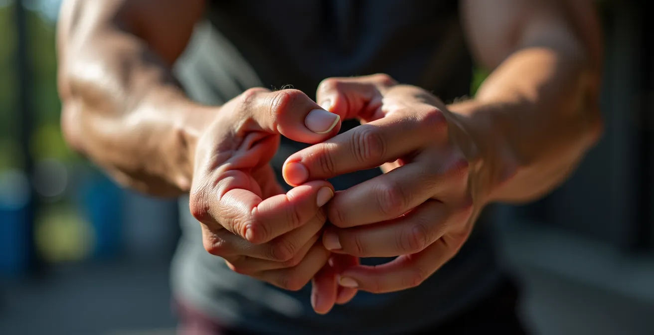 Gros plan macro sur les mains d'un athlète effectuant des étirements de poignets avec détails des tendons visibles