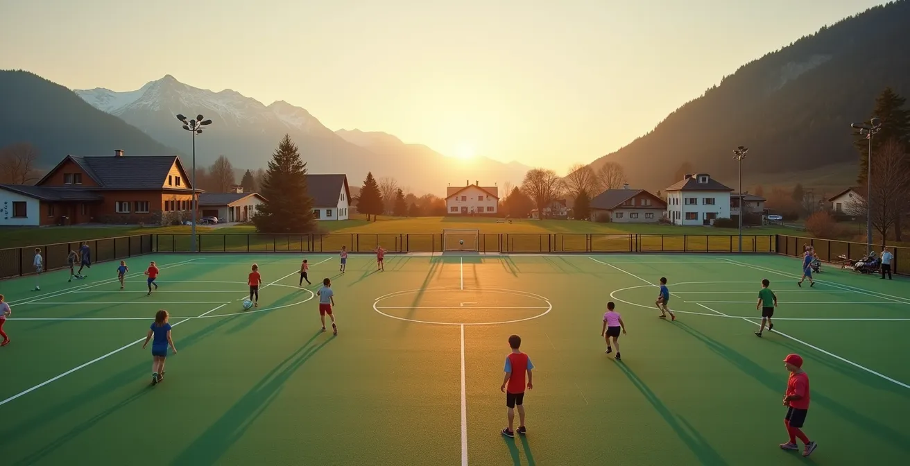 Groupe d'enfants découvrant différents sports dans un club local suisse