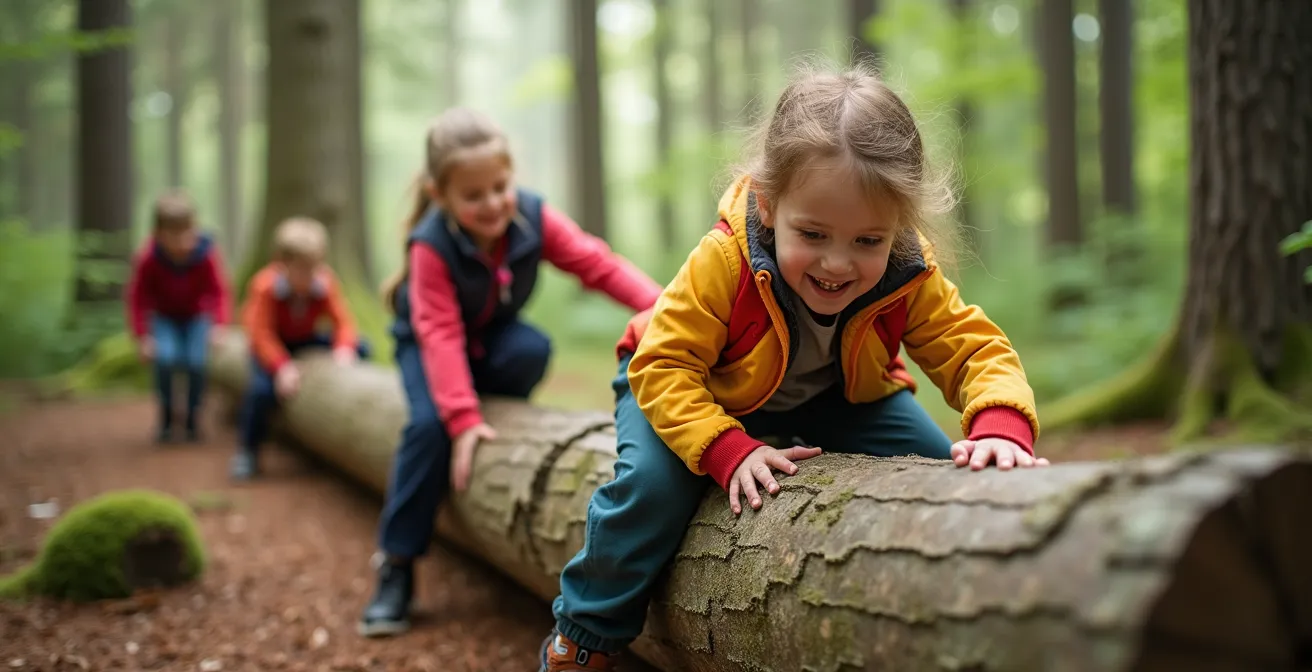 Enfants jouant sur un parcours d'obstacles naturel en forêt