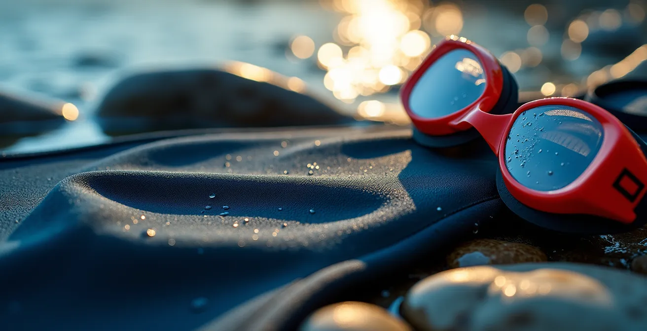 Combinaison néoprène et équipements de natation disposés au bord d'un lac alpin suisse au lever du soleil