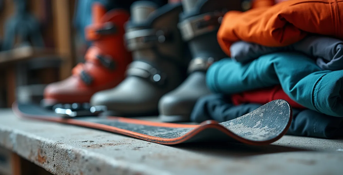 Comparaison d'équipements de ski d'occasion dans un marché aux puces sportif