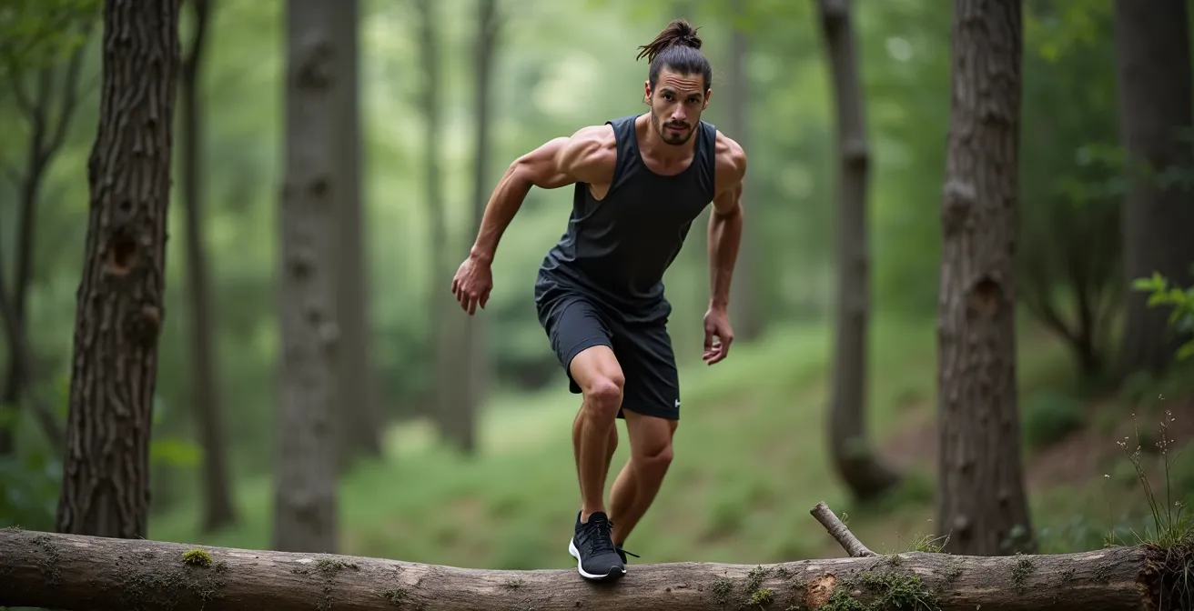 Personne en équilibre sur une jambe sur un tronc d'arbre en forêt suisse