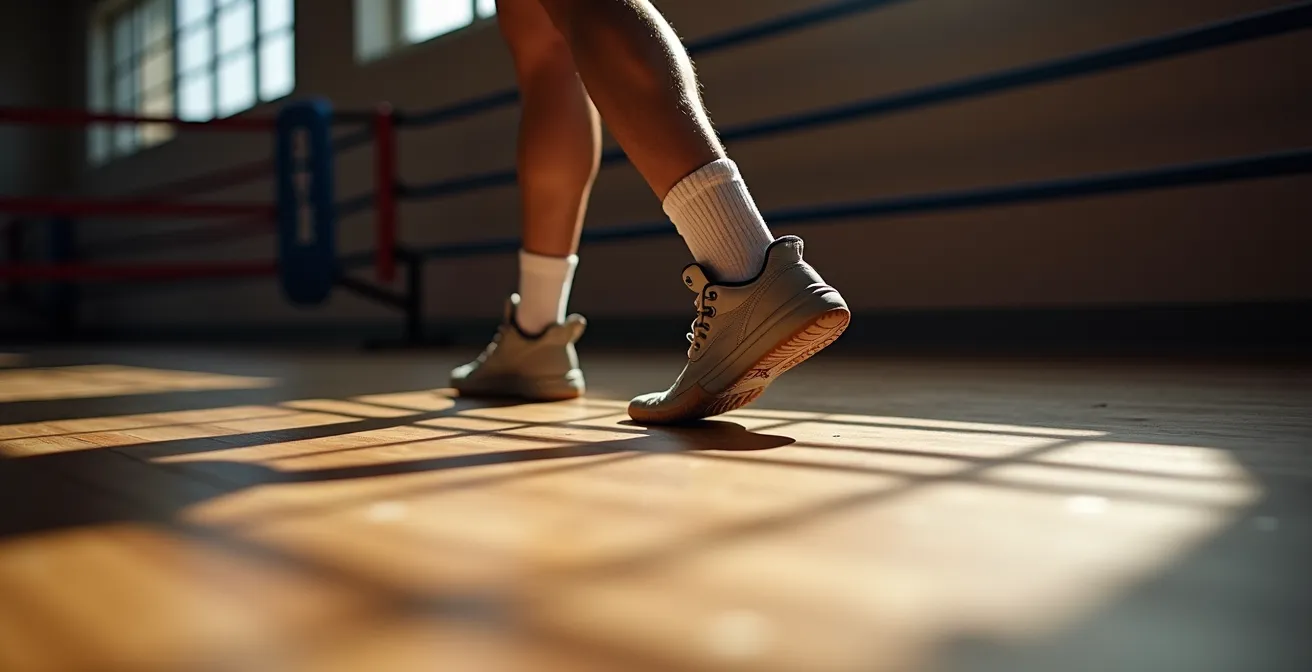 Personne exécutant des mouvements de coordination en shadow boxing avec focus sur le jeu de jambes