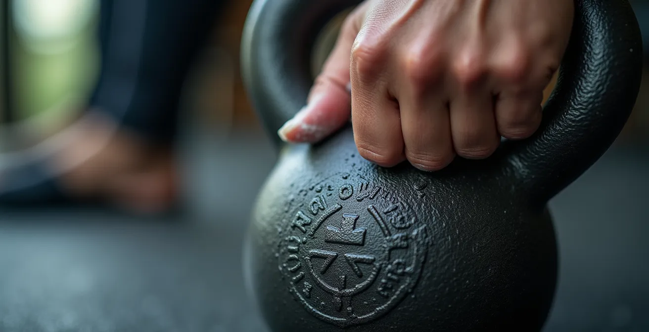 Gros plan sur une main saisissant une kettlebell avec texture de métal et traces de magnésie
