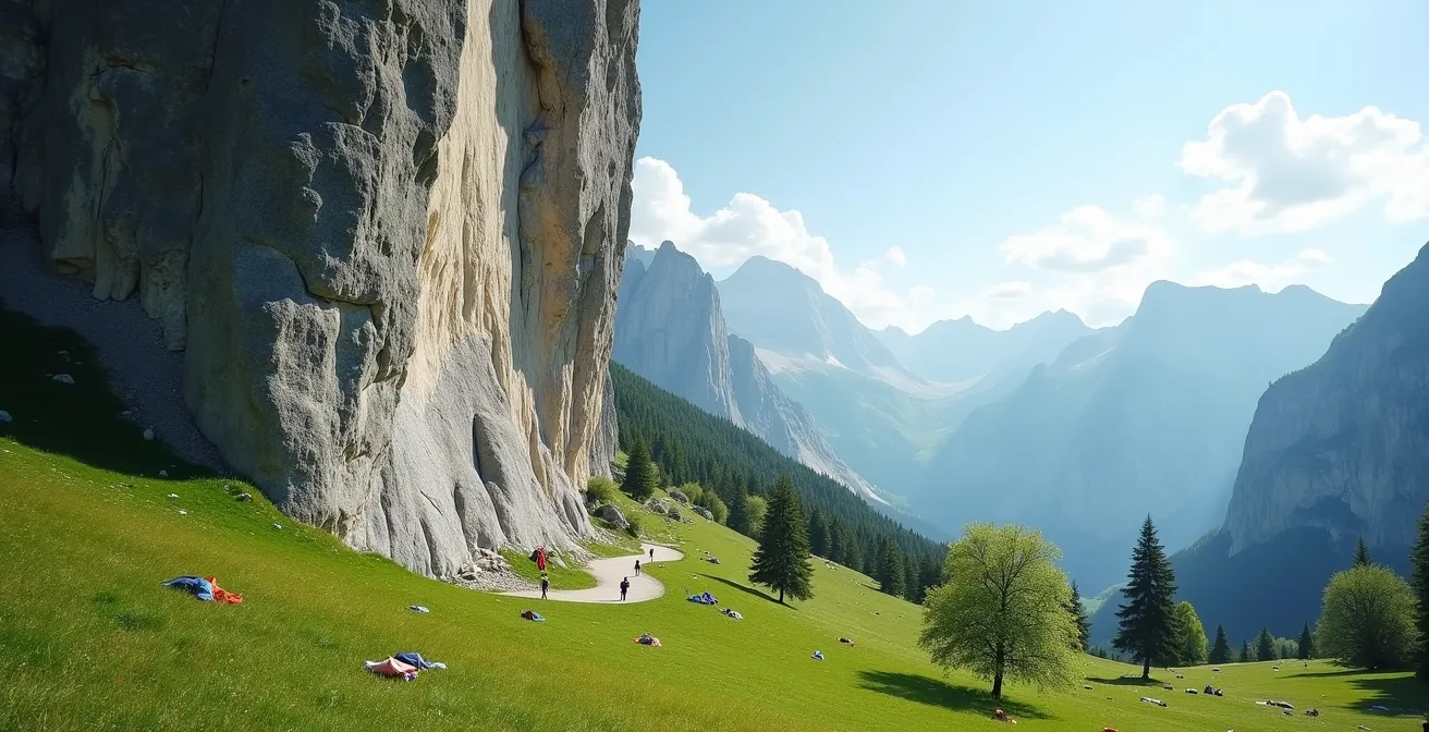Vue panoramique d'une falaise école en Suisse romande avec grimpeurs débutants