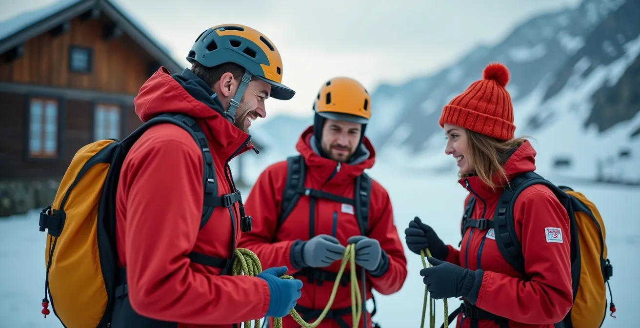 Guide de haute montagne suisse enseignant les techniques d'encordement sur un glacier