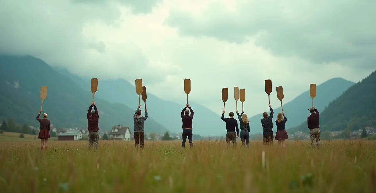 Joueurs de Hornuss en position défensive dans un champ avec leurs planchettes en bois