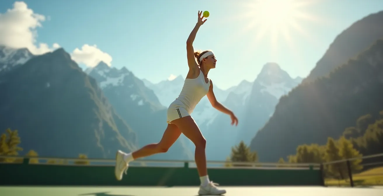 Joueur de tennis en position de service avec montagnes suisses en arrière-plan