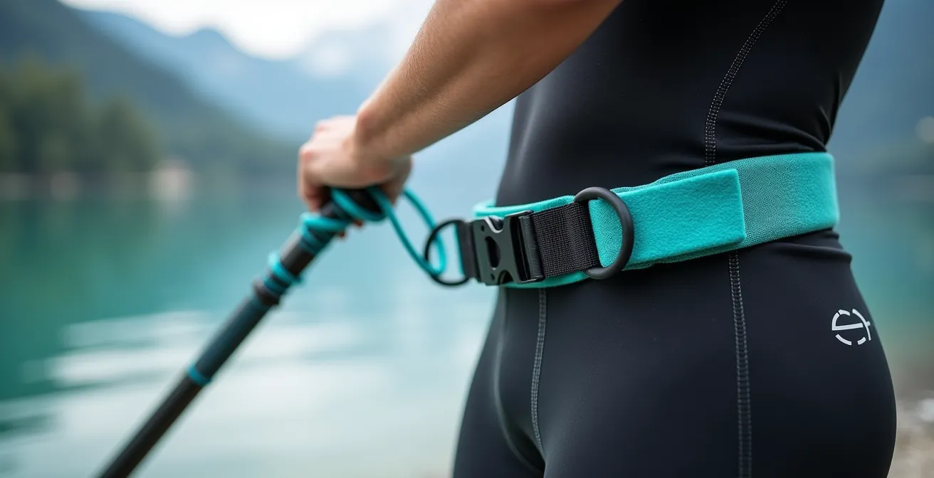 Gros plan sur un système de leash à largage rapide fixé à la taille d'un paddleboarder