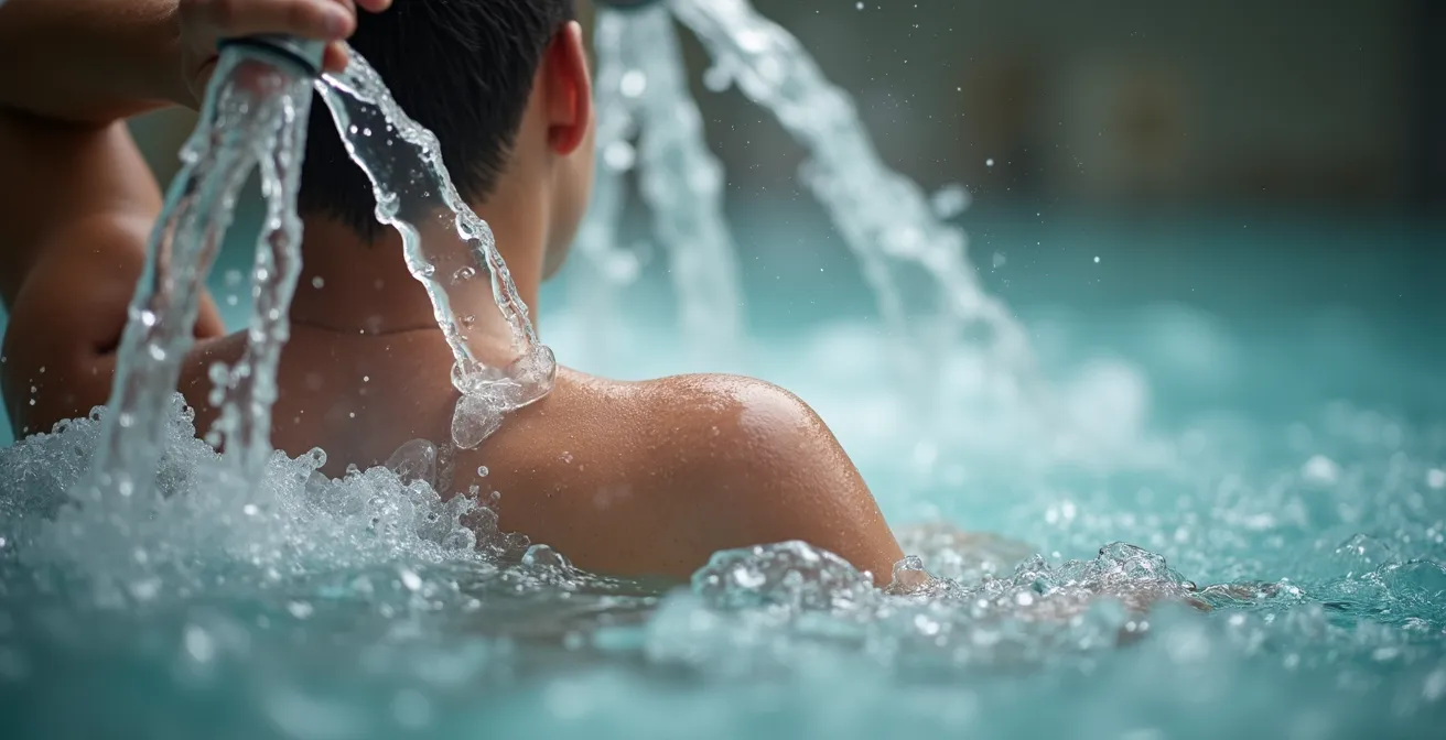 Gros plan sur des jets d'eau thermale massant le dos d'une personne dans un bassin thermal