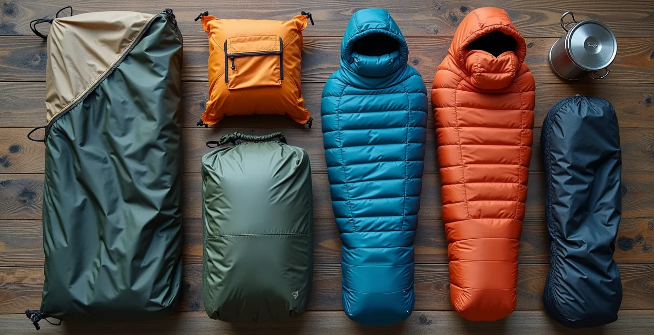 Équipement de randonnée ultraléger organisé par catégories sur surface en bois