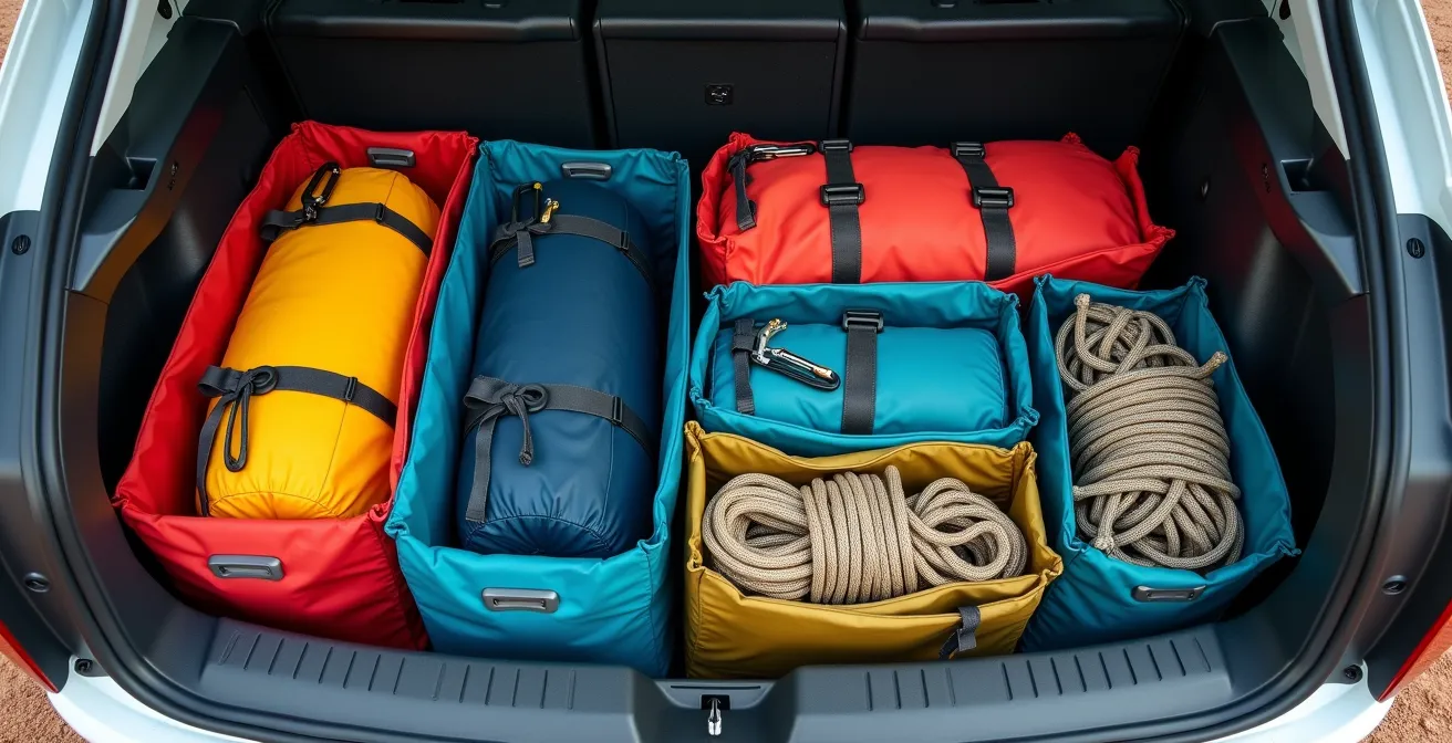 Vue plongeante sur un coffre de voiture méthodiquement organisé avec équipement sportif rangé par modules