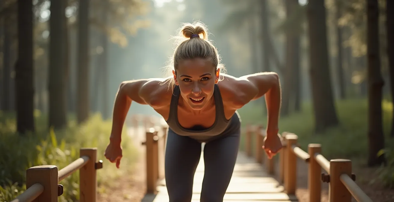 Personne s'entraînant sur un parcours Vita en forêt suisse