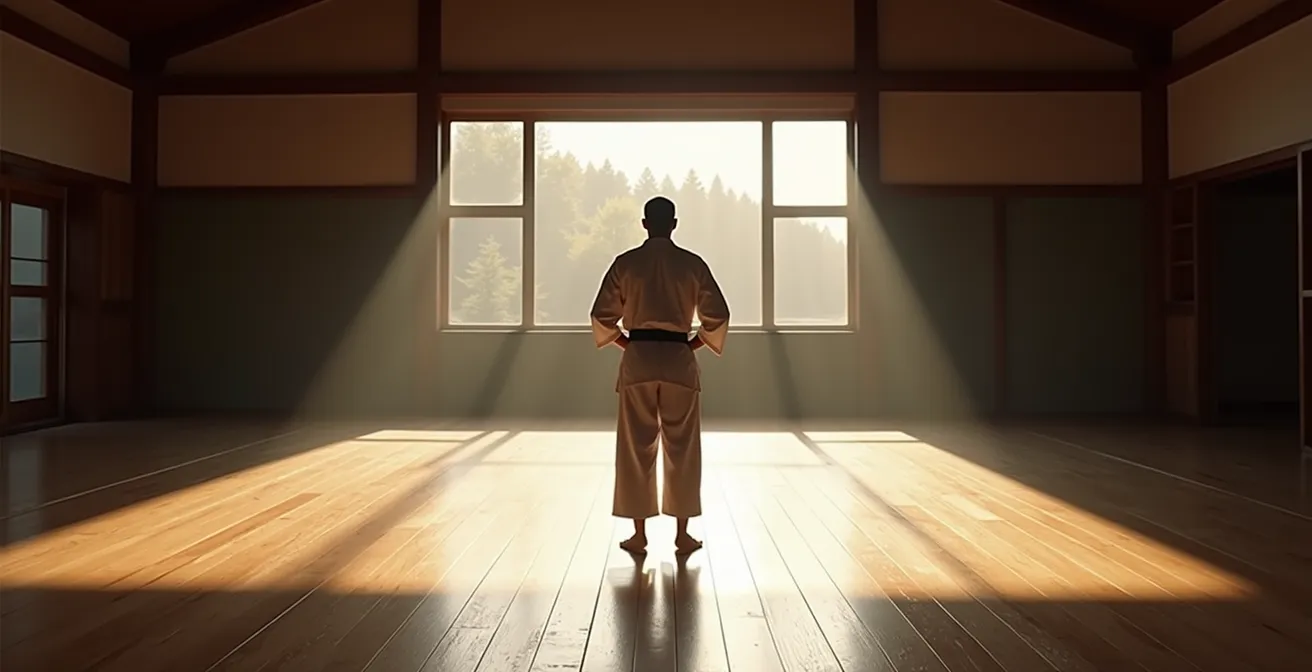 Vue large d'un karatéka seul face à un jury dans un dojo spacieux, tension palpable