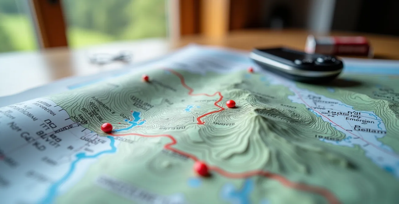 Carte topographique suisse avec tracé GPS et points de recharge pour VTT électrique