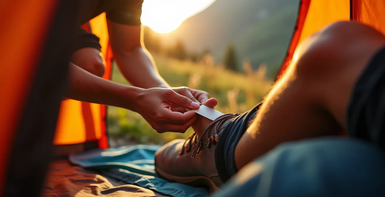 Gros plan sur application de tape préventif sur pied de randonneur