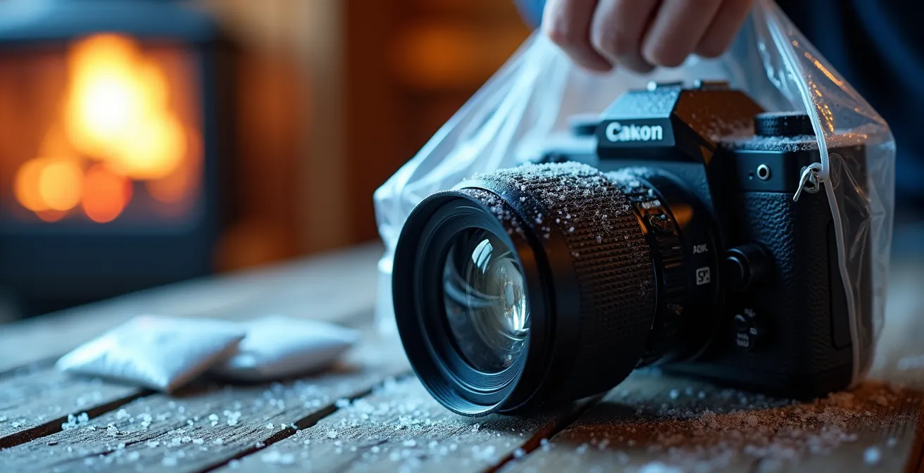 Appareil photo dans un sac hermétique avec sachets de silice dans une cabane de montagne