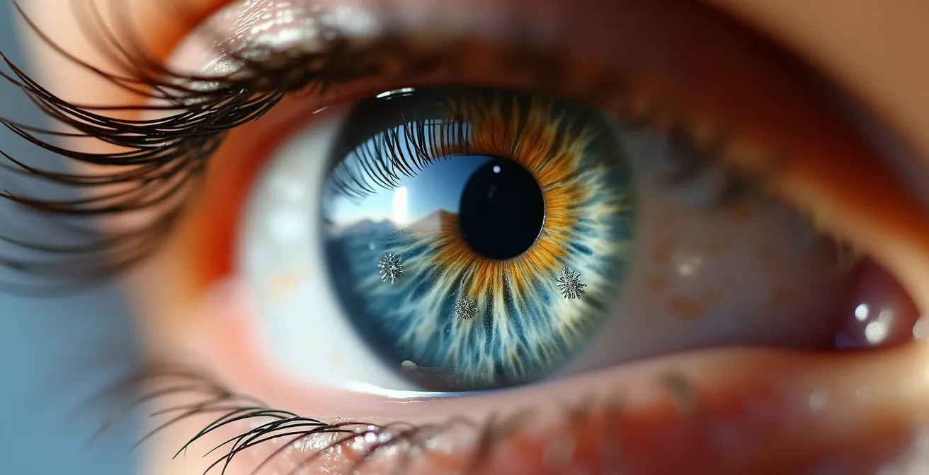 Gros plan sur l'iris d'un œil exposé aux UV avec reflets de montagnes enneigées