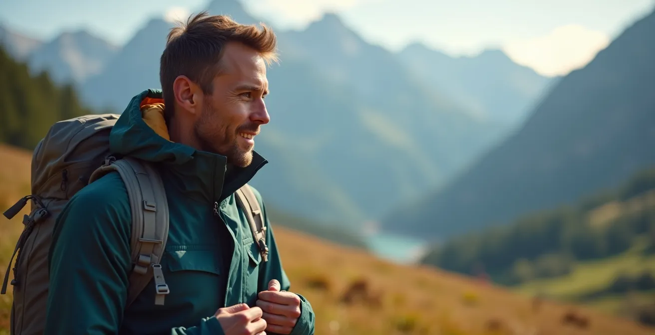 Randonneur ajustant ses couches face à un panorama alpin