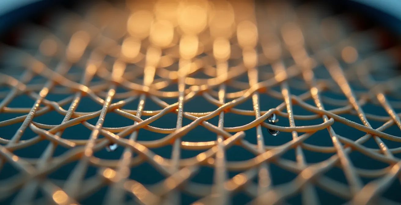 Gros plan sur le cordage d'une raquette de tennis avec détails des fibres et tension