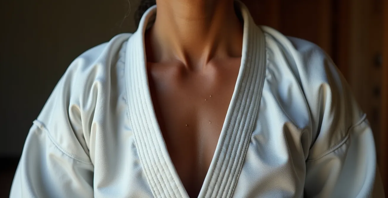 Gros plan sur le torse d'un karatéka en pleine respiration contrôlée, tension musculaire visible