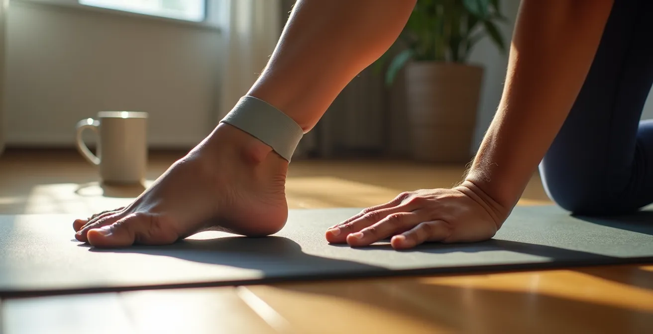 Athlète effectuant sa routine de mobilité matinale dans un intérieur minimaliste suisse