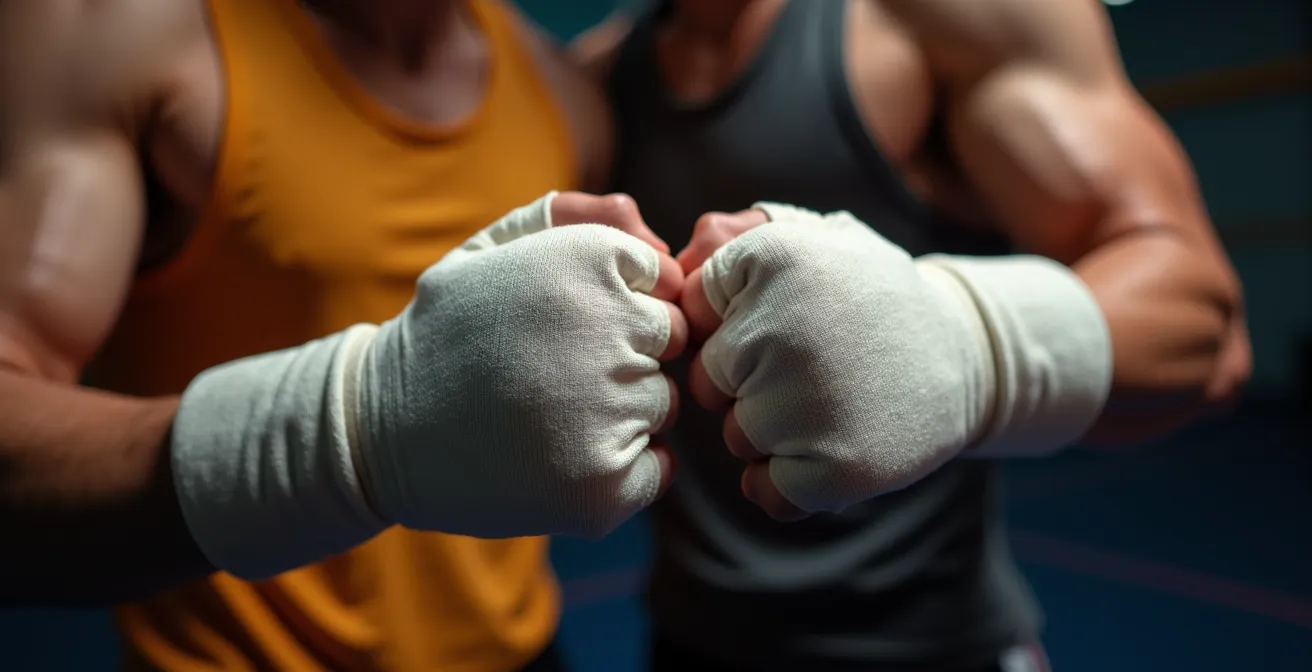 Vue macro des mains d'un boxeur en position de garde parfaite lors d'un entraînement de shadow boxing