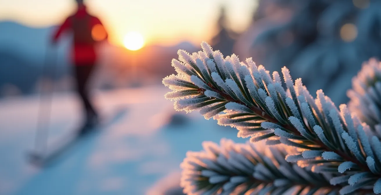 Skieur de fond traversant une vallée alpine enneigée au lever du soleil