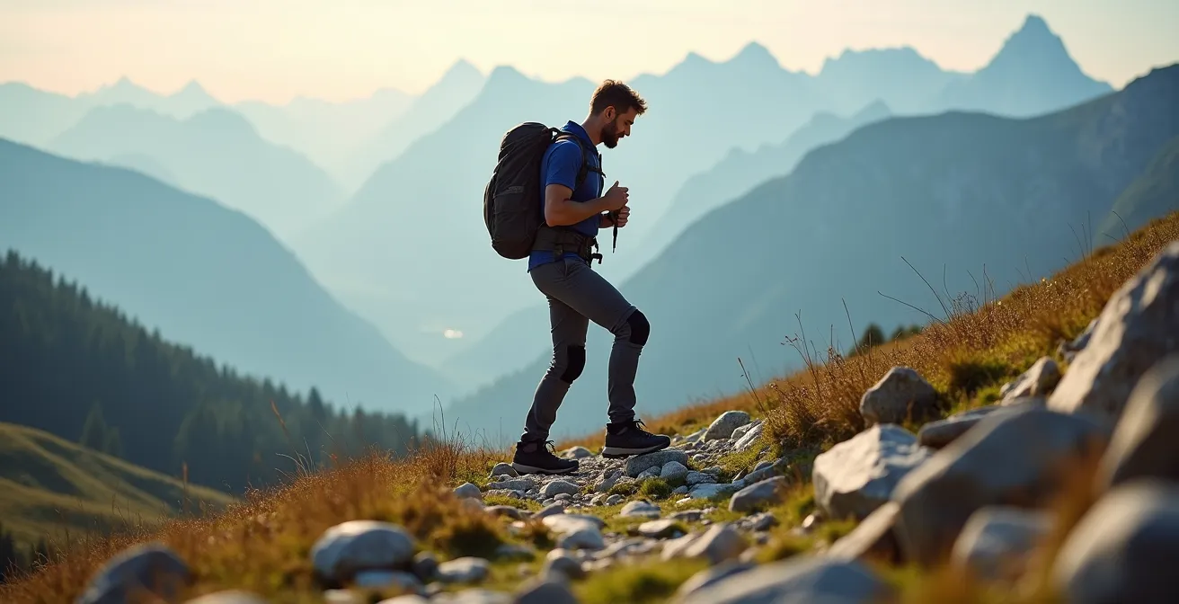 Randonneur en phase de reprise sur sentier alpin avec vue panoramique