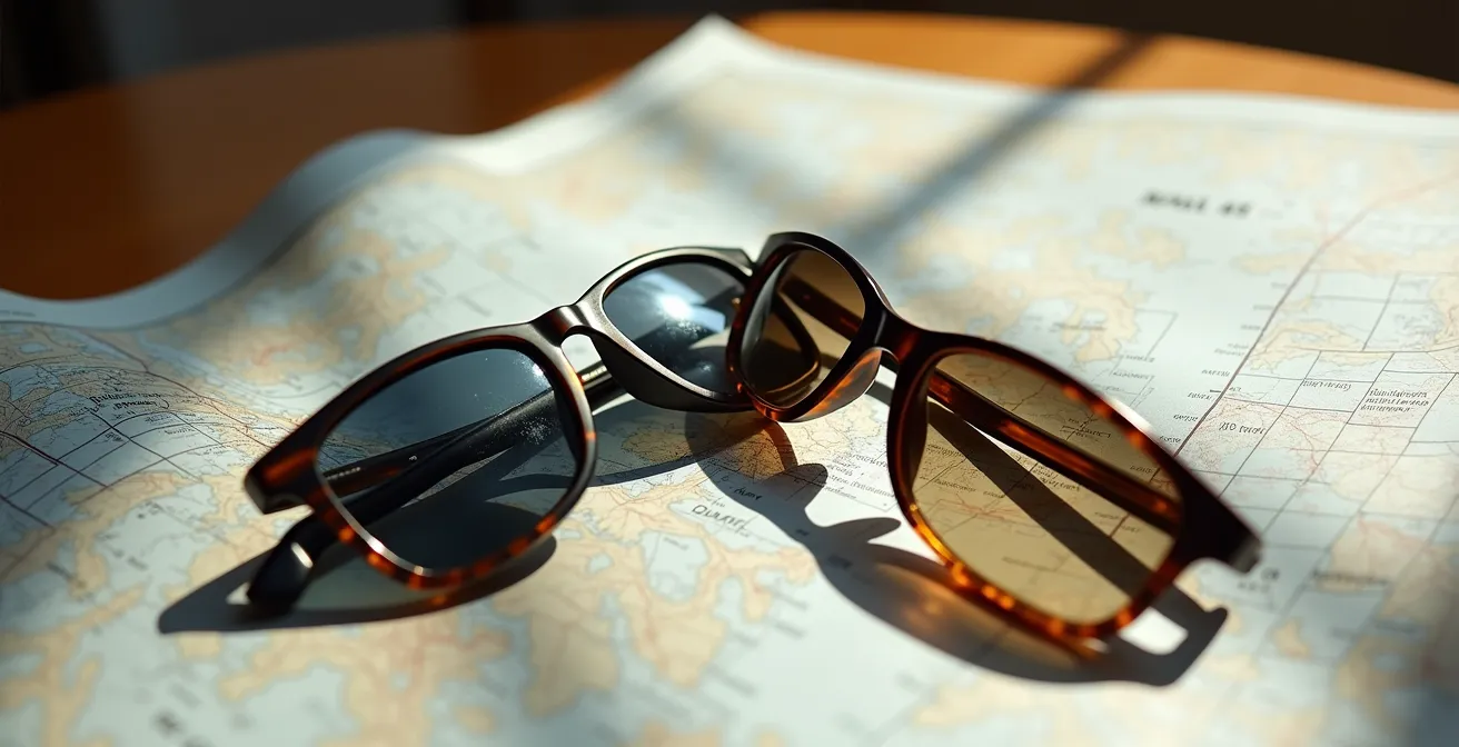 Deux paires de lunettes de montagne posées sur une carte topographique Swisstopo