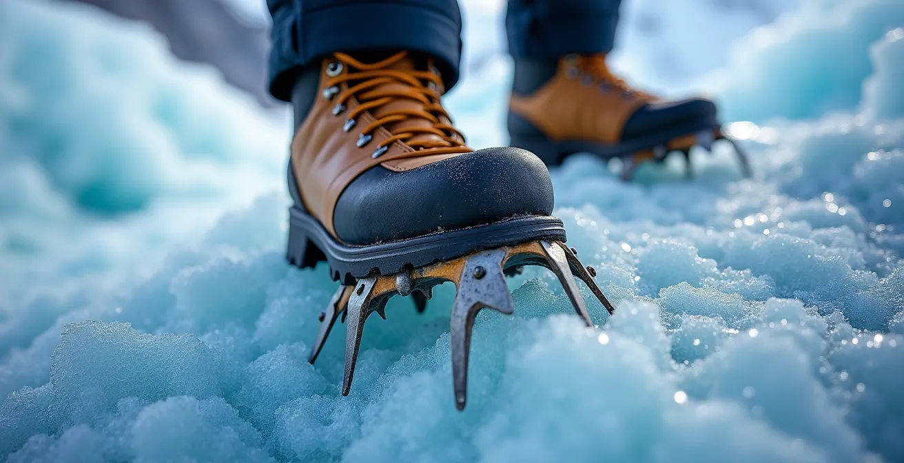 Gros plan sur des crampons fixés à des chaussures de montagne progressant sur glace vive