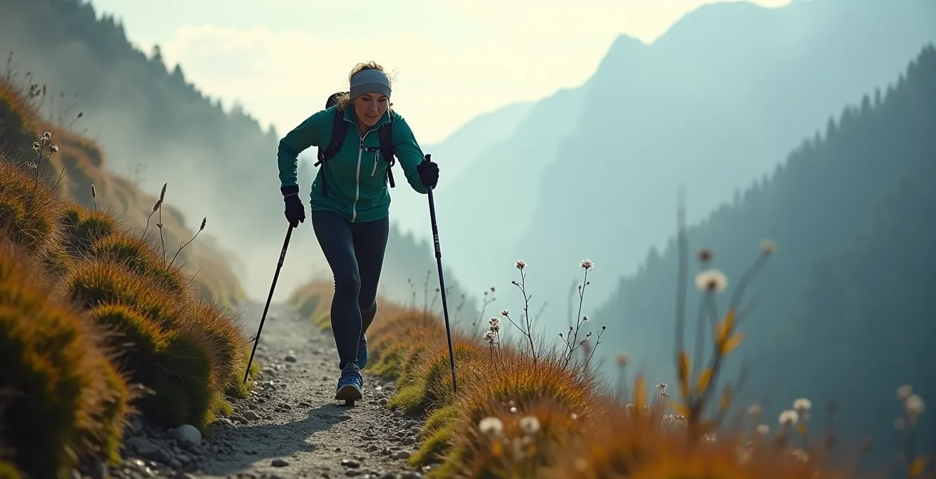 Marcheur nordique utilisant la technique de double poussée dans une montée alpine raide
