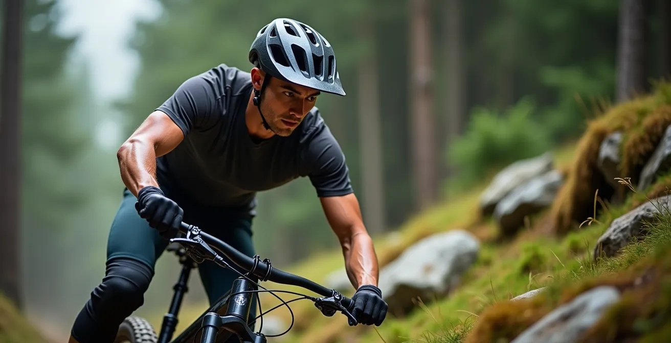 Pilote de VTT électrique en position de montée technique sur un sentier escarpé