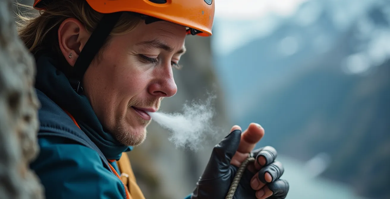 Gros plan sur un grimpeur pratiquant une technique de respiration sur une via ferrata