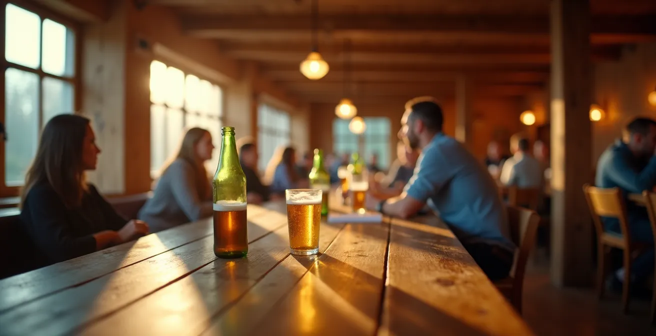Vue d'ambiance conviviale dans un restaurant de club sportif suisse après l'entraînement