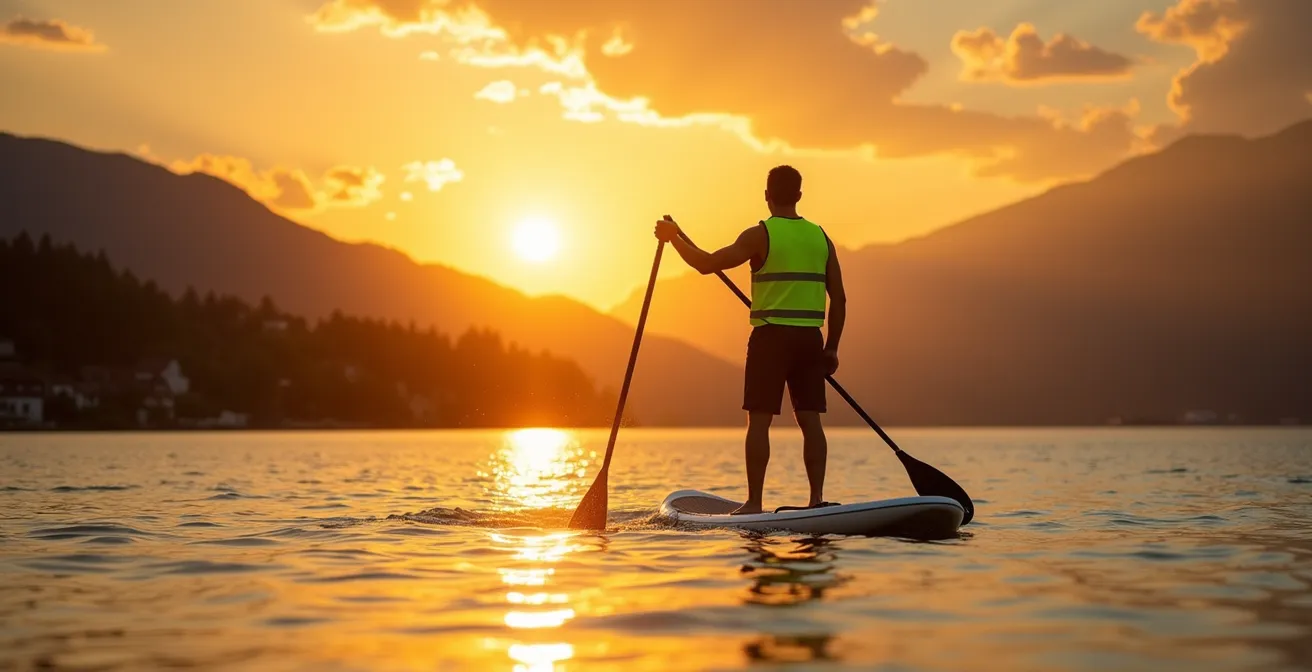 Silhouette de paddleboarder portant un gilet néon réfléchissant au coucher de soleil sur un lac suisse